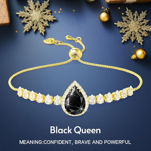 Linawe Crystal Imitation Diamond Rhinestone Charm Bracelets for Women, Gold/Silver/Rose Gold Adjustable Chain Bracelet, Teardrop Birthstone Cubic Zirconia Prom Costume Wedding Jewelry - color: Gold,Blk