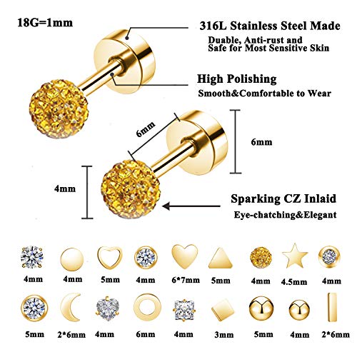 18Pairs 20G 18G Stainless Steel Tiny Stud Earrings for Women Cartilage Helix Earrings Ball Star CZ Earrings - color: Gold, size: 18G