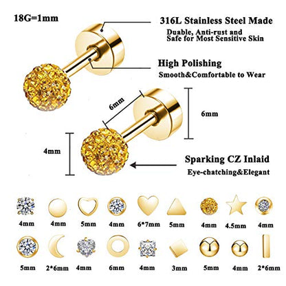 18Pairs 20G 18G Stainless Steel Tiny Stud Earrings for Women Cartilage Helix Earrings Ball Star CZ Earrings - color: Gold, size: 18G