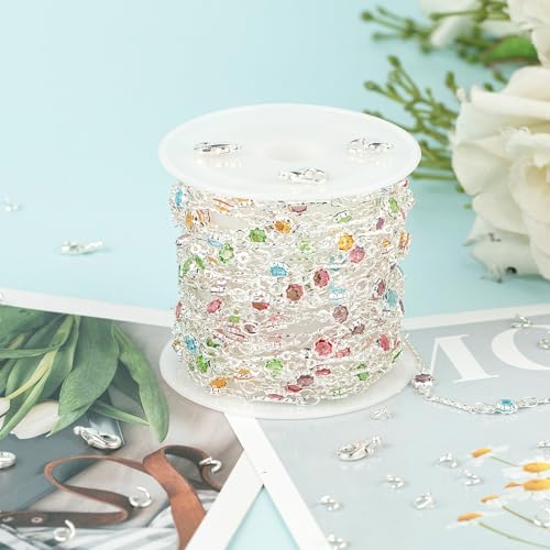 UMAOKANG 16.4 Feet Colorful Crystal Necklace Chain for Jewelry Making Silver Plated Brass Bar Chain Roll with Jump Rings and Lobster Clasps - color: Silver Bar Crystal