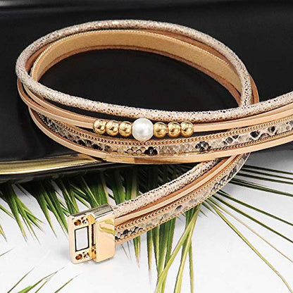 Wowanoo 3Pack Leather Cuff Bracelet Set Multilayer Wrap Bracelet Crystal Feather Tree Bracelet Magnetic Clasp Bracelet for Women - color: Pearl Khaki