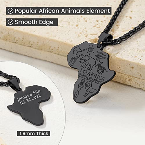 GOLDCHIC JEWELRY Africa Map Necklace for Men, Stainless Steel African Tribal/Egyptian Eye of Horus/I LOVE AFRICA/Elephant Map Hiphop Jewelry Unisex with 22'+2'Adjustable Chain - color: Animals - Black, style: Personalised Engraving