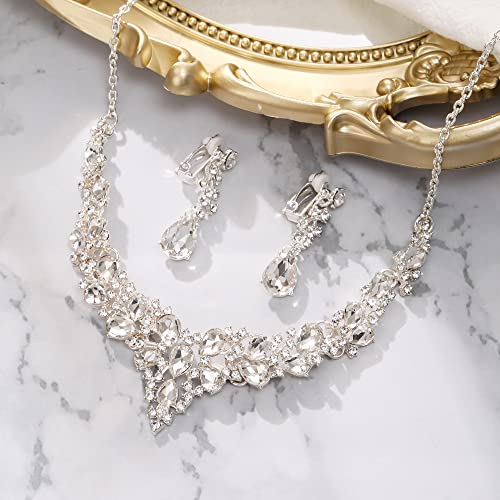 Wedding Statement Necklace Clip-on Earrings Jewelry Set | Sparkling Austrian Crystal Teardrop Cluster for Party Prom Accessories - color: 01-Clear Silver-Tone