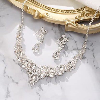 Wedding Statement Necklace Clip-on Earrings Jewelry Set | Sparkling Austrian Crystal Teardrop Cluster for Party Prom Accessories - color: 01-Clear Silver-Tone
