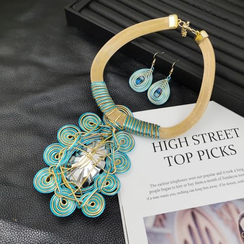 African Jewelry Sets Statement Big Crystal Pendent Necklace Earrings Set For Women Handmade Bib Collar Costume Tribal Fashion Accessories - color: KDLUN5305 Sky Blue