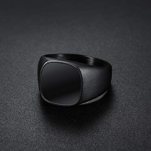 Men's Stainless Steel Square Biker Signet Ring, Black Silver Gold Styles | plain flat top, polished and brushed finish options, chunky profile, pinky or thumb styling, gift-ready for dad or him - color: Black w/ Enamel Top