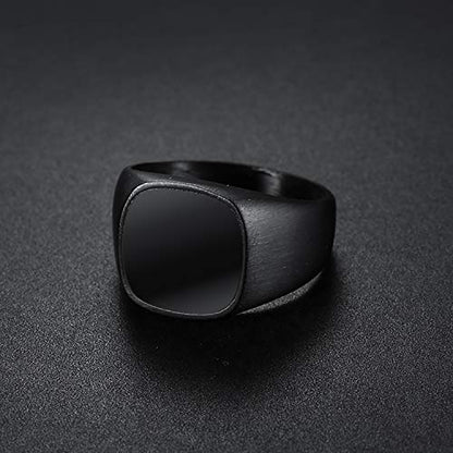 Men's Stainless Steel Square Biker Signet Ring, Black Silver Gold Styles | plain flat top, polished and brushed finish options, chunky profile, pinky or thumb styling, gift-ready for dad or him - color: Black w/ Enamel Top