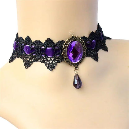 CSIYANJRY99 Gothic Choker Necklace for Women Halloween Red Crystal Vampire Choker Steampunk Lace Choker Witch Costume Accessories - style: Purple