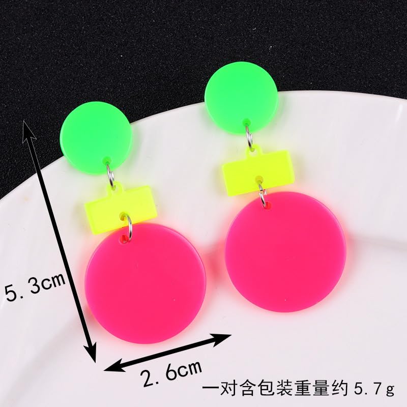 80s 90s Neon Earrings for Women Colorful Round Disc Acrylic Drop Earrings Retro Resin Geometric Rectangle Dangle Earrings for 70's 80's Outfit Glow Party Accessories - style: Style 1
