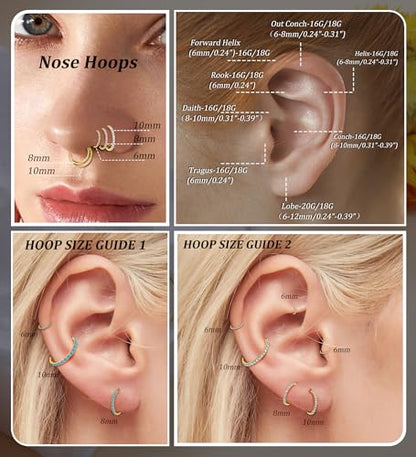 3pcs Nose Rings Hoops - 316L Surgical Steel Nose Hoops 16G/18G/20G CZ Opal Turquoise Clicker Septum Nose Ring Lip Helix Cartilage Hoop Earring Daith Rook Conch Body Piercing Jewelry for Women Men 6mm 8mm 10mm - color: Gold, size: 18 gauge(1.0mm)-8mm