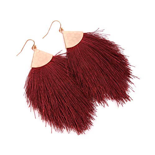 Bohemian Silky Thread Fan Fringe Tassel Statement Earrings - Lightweight Strand Feather Shape Dangles - color: Feather Fringe - Burgundy