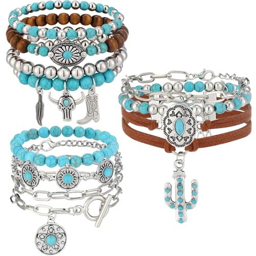 Inbagi 3 Pcs Turquoise Bracelet for Women Western Leather Jewelry for Women Silver Bohemian Beaded Stackable Bracelets Turquoise Cuff Bracelets - style: Classic