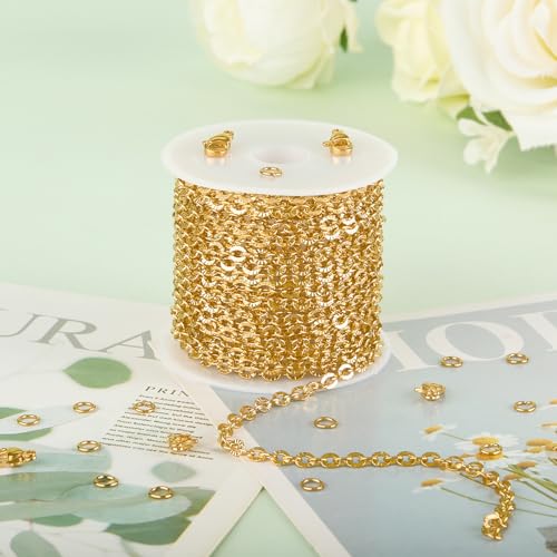 KYUNHOO 16.4 Feet Gold Plated Chain for Necklace Making with Jewelry Clasps | Embossed Circle Chains on Spool Stainless Steel Gold Chain with Lobster Clasps Jump Rings for DIY Bracelet Earring - color: Oval Gold