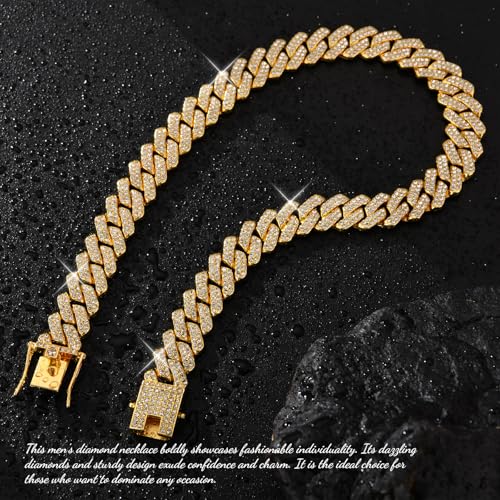 Mens Cuban Link Chain Iced Out Cuban Necklace 18K Gold & Silver Plated Chain For Men Women 14mm Hip Hop Jewelry - color: 14K Gold, size: 16Inches