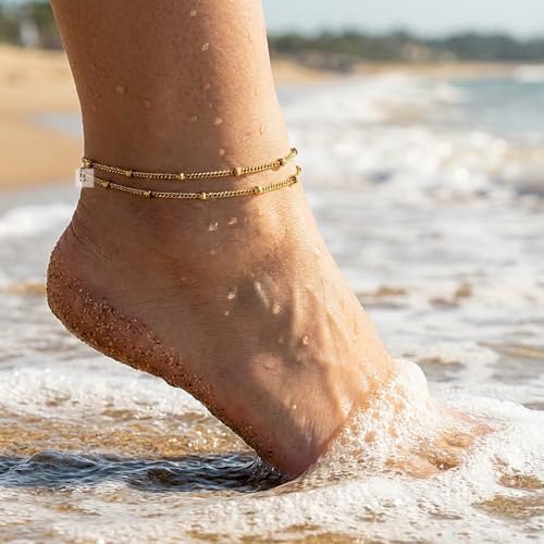 Stainless Steel Chain Ankle Bracelet for Women Adjustable Waterproof Anklet - color: Gold / Double Layer Bead Station Link