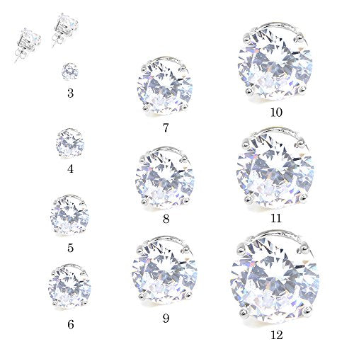 Stainless Steel Round Cut Cubic Zirconia Stud Earrings With Clear Case - Gold, Silver (3mm~12mm) - color: 9mm-Silver