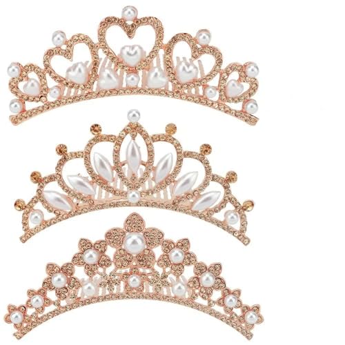 ANBALA Small Tiara Crown with Hair Comb, 3 Pack Mini Tiara Crown Crystal Hair Accessories Hair Styling (Gold+Gold Crystal) - color: Rose Gold + Champagne