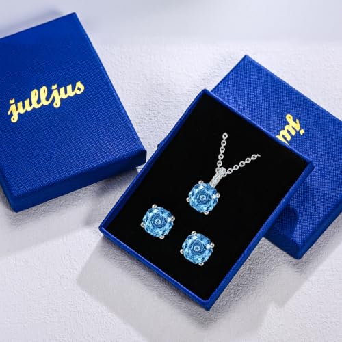 Rose Cut Silver Solitaire Necklace and Earring Set for Women, Jewelry Gift | Rose Cut, Cubic Zirconia, Necklace and Stud Earrings Set, Jewelry Set, Minimalist - color: Aquamarine Blue