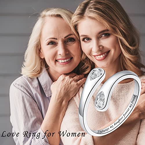 Fookduoduo 925 Sterling Silver Ring Inspirational Jewelry adjustable Wrap Open Rings for Women - style: Always my daughter forever my friend，CZ