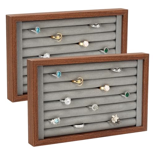 4 Pack Wood Ring Displays, Wooden Ring Holder Display Case Earring Organizer Velvet Jewelry Tray Jewelry Organizer Stand for Rings Earrings Selling, Coffee