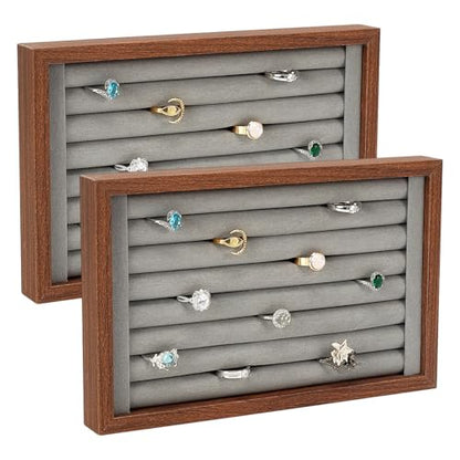 4 Pack Wood Ring Displays, Wooden Ring Holder Display Case Earring Organizer Velvet Jewelry Tray Jewelry Organizer Stand for Rings Earrings Selling, Coffee