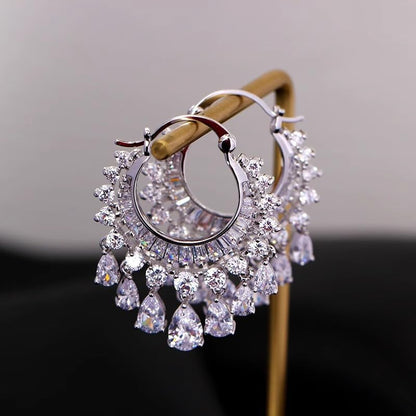 Hoop Earrings with Teardrop Dangles, Clear Crystal Chandelier Fringe Drop, Luxury Bridal Wedding Jewelry Gifts for Women