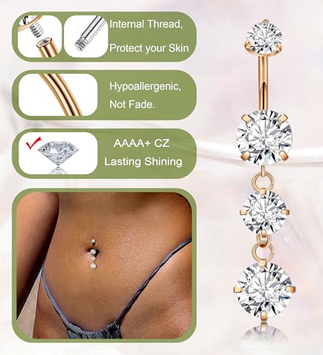 G23 Titanium Dangle Belly Button Rings for Women Dangling Navel Rings CZ Belly Rings Curved Barbell Internally Threaded Belly Piercing Jewelry - color: Rose Gold