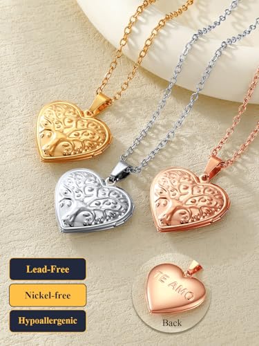 U7 Women Locket Necklace, Heart Photo Lockets Hold Picture, Gift Box Packed | Gold/Silver/Rose Locket Charm, Custom Picture and Engravement Heart Pendant, 20" Chain, Personalized Gift for Mom Wife Friend - color: 04# Rose Gold(Tree of Life)