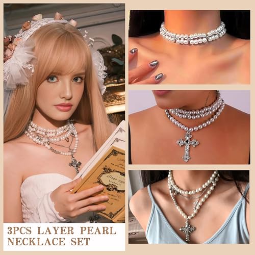 Bocar Gothic Cross Layered Pearl Necklace Chunky Statement Stacked Necklace Y2K Silver Layered Necklace for Women (NK-10769) - color: set