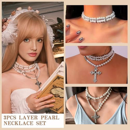 Bocar Gothic Cross Layered Pearl Necklace Chunky Statement Stacked Necklace Y2K Silver Layered Necklace for Women (NK-10769) - color: necklace