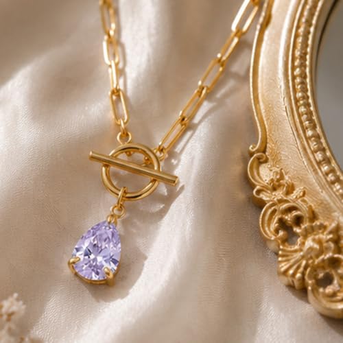 Teardrop CZ Pendant Paperclip Chain Necklace 18K Plated Paperclip Toggle Necklace Jewelry Birthstone Gift for Women - color: Alexandrite-June