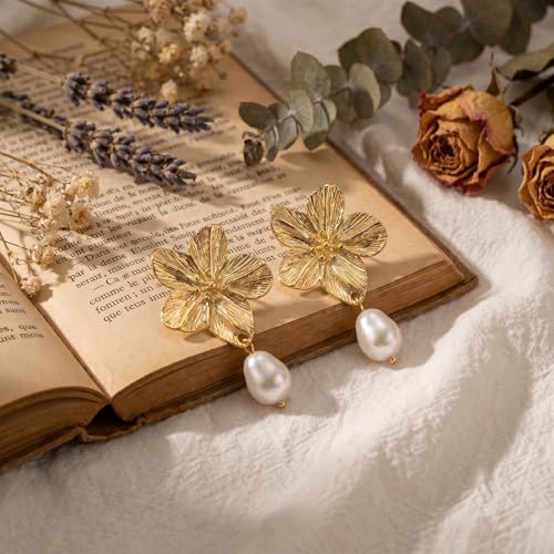 Chunky Gold Plated Flower Statement Drop Earrings for Women | Hypoallergenic 18K Gold Plated Textured Petal Wing, Large Statement Dangle Earrings for Wedding Party - color: Gold Flower Pearl-2