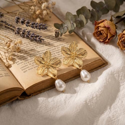 Chunky Gold Plated Flower Statement Drop Earrings for Women | Hypoallergenic 18K Gold Plated Textured Petal Wing, Large Statement Dangle Earrings for Wedding Party - color: Gold Flower Pearl-2