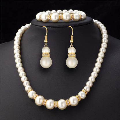 DATOA 3 Pcs Set Elegant Pearl Round Beads Imitation Pearl Acrylic Necklace Earrings Bracelet Sparkling Crystal Jewelry for Women Wedding Engagement Jewelry Set - color: Gold
