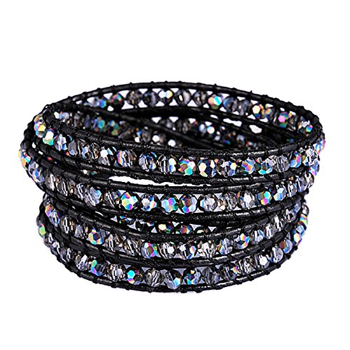 Genuine Leather Bracelet Multi Colors Crystal Beads Wrap Bracelets for Women Fashion Trendy Jewelry (5 Wraps, Facet AB Rhinestone)