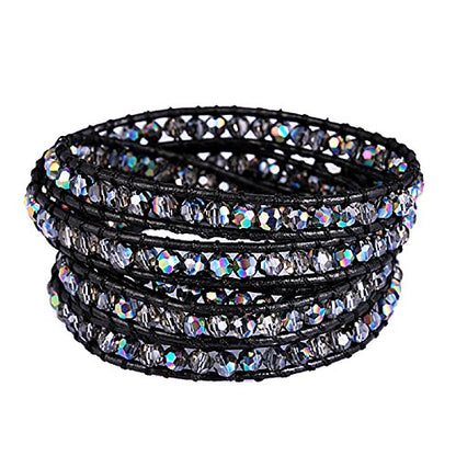 Genuine Leather Bracelet Multi Colors Crystal Beads Wrap Bracelets for Women Fashion Trendy Jewelry (5 Wraps, Facet AB Rhinestone)