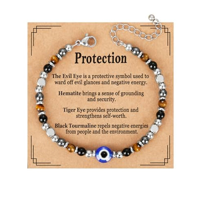 Natural Healing Crystal Bracelet for Women, Triple Protection Anxiety Relief New Beginnings Good Luck Empath Protection Jewelry Gift for Friends Daughter Mom 6.5+1.8 Inches - color: Protection-Eye-S