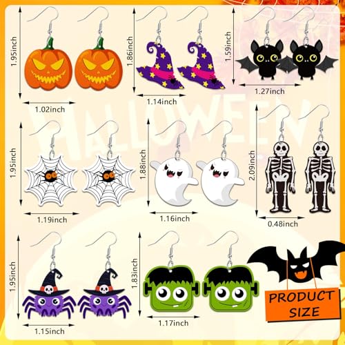 8 Pairs Halloween Acrylic Earrings for Women Spooky Dangle Jewelry | Pumpkin Spider Ghost Witch Hat Earrings, Halloween Jewelry Gifts Party Accessories, Lightweight Acrylic, Double Side - style: Halloween A