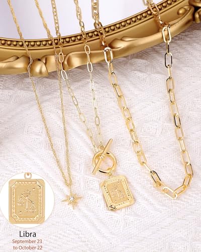 MJartoria Layered Necklaces for Women, 14K Gold Plated Brass | Star Choker, Square Birth Flower, Paperclip Chain, Trendy - color: Gold, style: ZZ-Libra