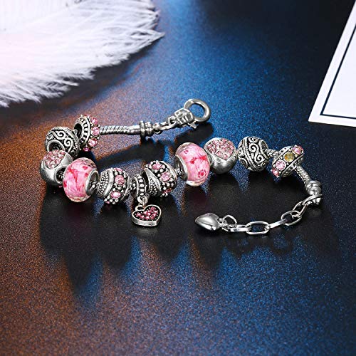 Pink Hearts Silver Plated Charm Bracelet, DIY Jewelry for Women with Beads, Charms, and Adjustable Snake Chain, Fits 7.5"+1.5" - color: Pink, size: 19cm