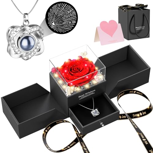 Preserved Red Rose Necklace, I Love You Heart Pendant, Gifts for Women | Valentine's Day Birthday Mother's Day Anniversary Christmas, Wife Girlfriend Mom Grandma, Forever Bloom, Gift Box Included