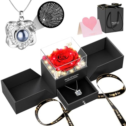 Preserved Red Rose Necklace, I Love You Heart Pendant, Gifts for Women | Valentine's Day Birthday Mother's Day Anniversary Christmas, Wife Girlfriend Mom Grandma, Forever Bloom, Gift Box Included