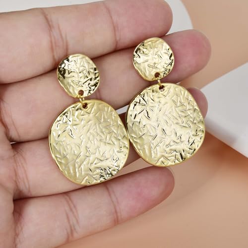 Large Geometric Drop Dangle Earrings for Women Pearl Teardrop Disc Rectangle Oval Fishtail Shell Shaped Textured Dangle Studs Earrings for Women - color: Gold-Disc