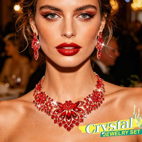 Yonamix Gold Jewelry Set Wedding Rhinestone Necklace Sets for Women | Formal Prom Dinner Party Gala Night Crystal Flower Necklaces Earrings - color: D Red