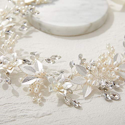 SWEETV Handmade Rhinestone Wedding Headband Flower-Leaf Bridal Headpieces for Wedding Pearl Hair Accessories (Silver) - color: Silver