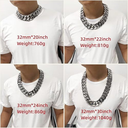 SDA Wide Chunky Gold Chain Necklace - Heavy and Waterproof 316L Surgical Steel with 18K Gold Plating for Modern Men and Women into Hip Hop Fashion - color: B476-32mm-White Gold