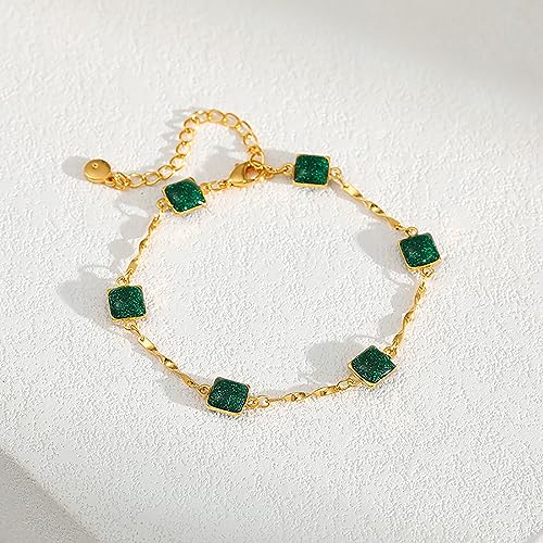 Dainty Gold Bracelets for Women, 18 Gold Plated Adjustable Evil Eye/Butterfly/Beaded/Pearl/Heart/Turquoise Handmade Bracelet for Women - style: Emerald
