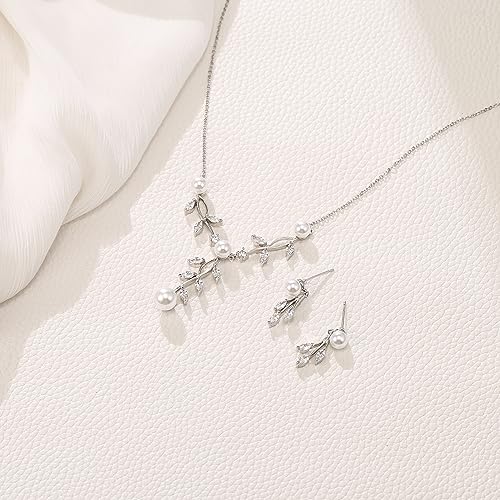 EleQueen Women's Simulated Pearl Wedding Jewelry Set for Brides | Cubic Zirconia Necklace Earrings Bracelet Set for Brides Bridesmaids, Bridal Jewelry Set for Anniversary/Memorial Day - style: Pearl Necklace Earrings 2 Pieces Set