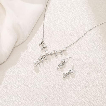 EleQueen Women's Simulated Pearl Wedding Jewelry Set for Brides | Cubic Zirconia Necklace Earrings Bracelet Set for Brides Bridesmaids, Bridal Jewelry Set for Anniversary/Memorial Day - style: Pearl Necklace Earrings 2 Pieces Set