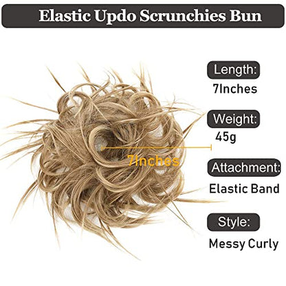 HMD Tousled Updo Messy Bun Hair Piece Ponytail Hairpieces for Women | Synthetic Hair Extension Ponytail with Elastic Rubber Band, Updo Hairpiece Hair Bun Scrunchies for Women Daily Party - color: 12H24(Light Brown Mix Natural Blonde)